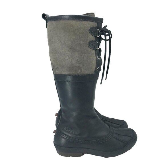 UGG Belcloud Women 8.5 Tall Black Leather Duck Boot Waterproof Sherpa Lined - Picture 1 of 11